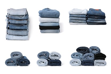 Set with folded and rolled different jeans on white background