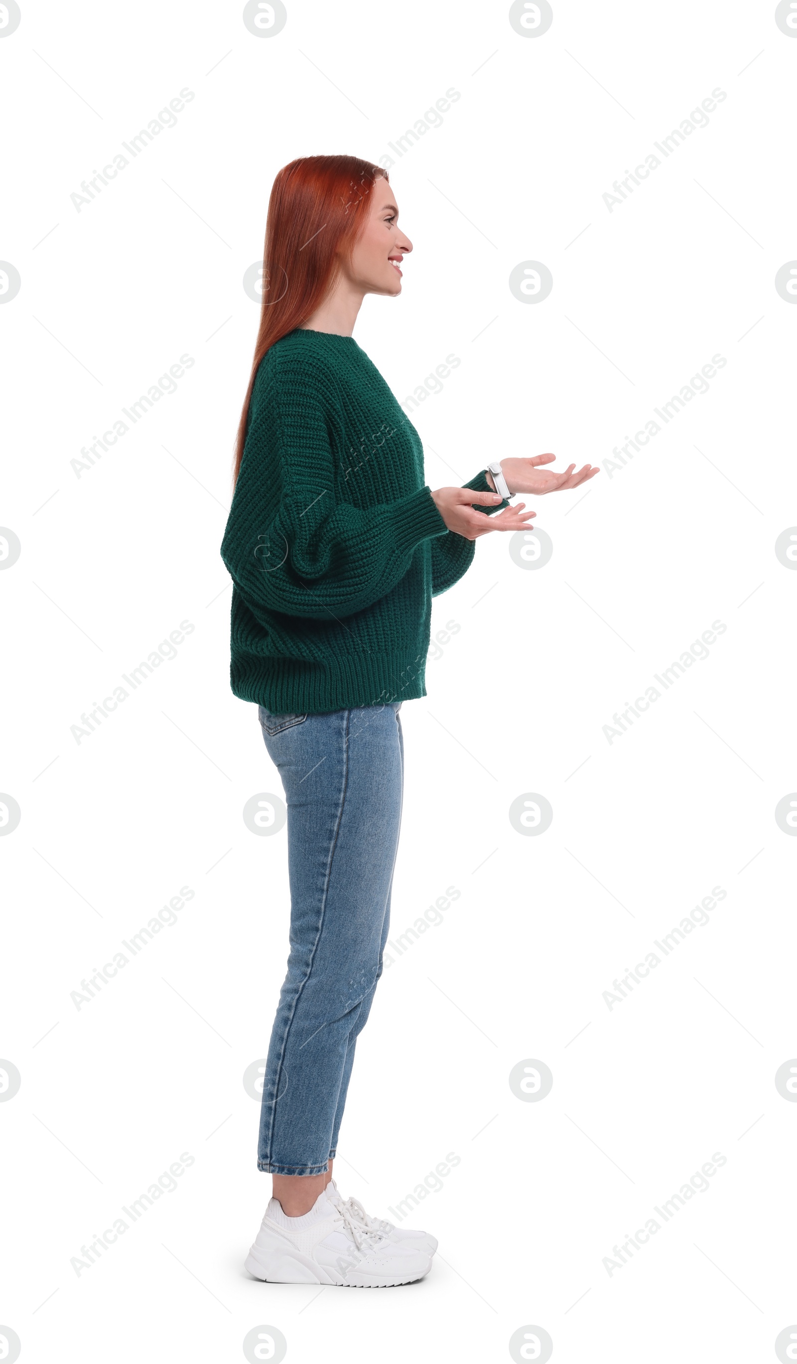 Photo of Portrait of happy woman on white background