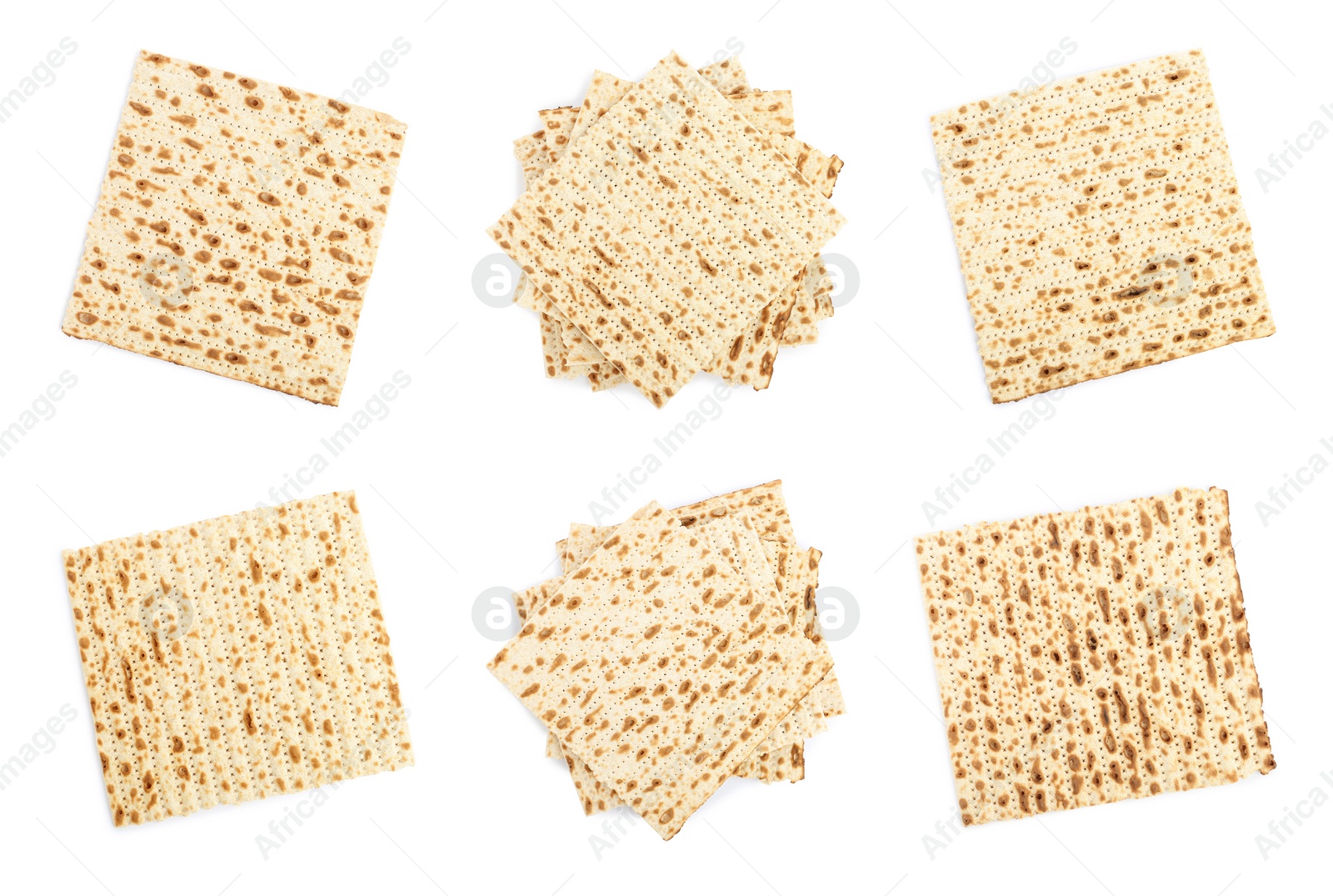 Image of Set with Passover matzos on white background, top view. Pesach celebration