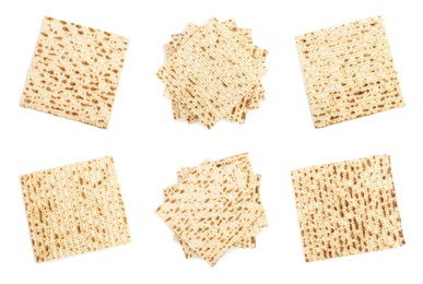 Image of Set with Passover matzos on white background, top view. Pesach celebration