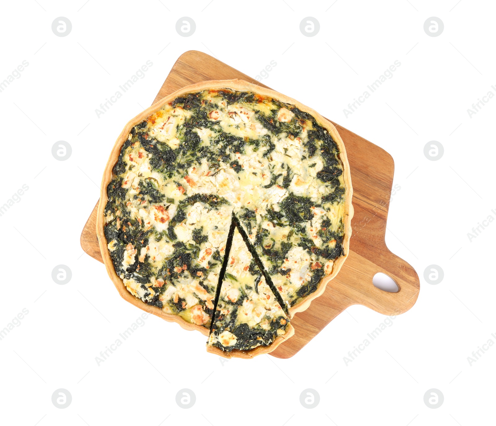 Photo of Delicious homemade spinach quiche isolated on white, top view