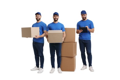 Image of Delivery service. Happy courier with cardboard boxes on white background, collage of photos