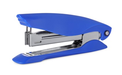 Photo of New bright blue stapler isolated on white