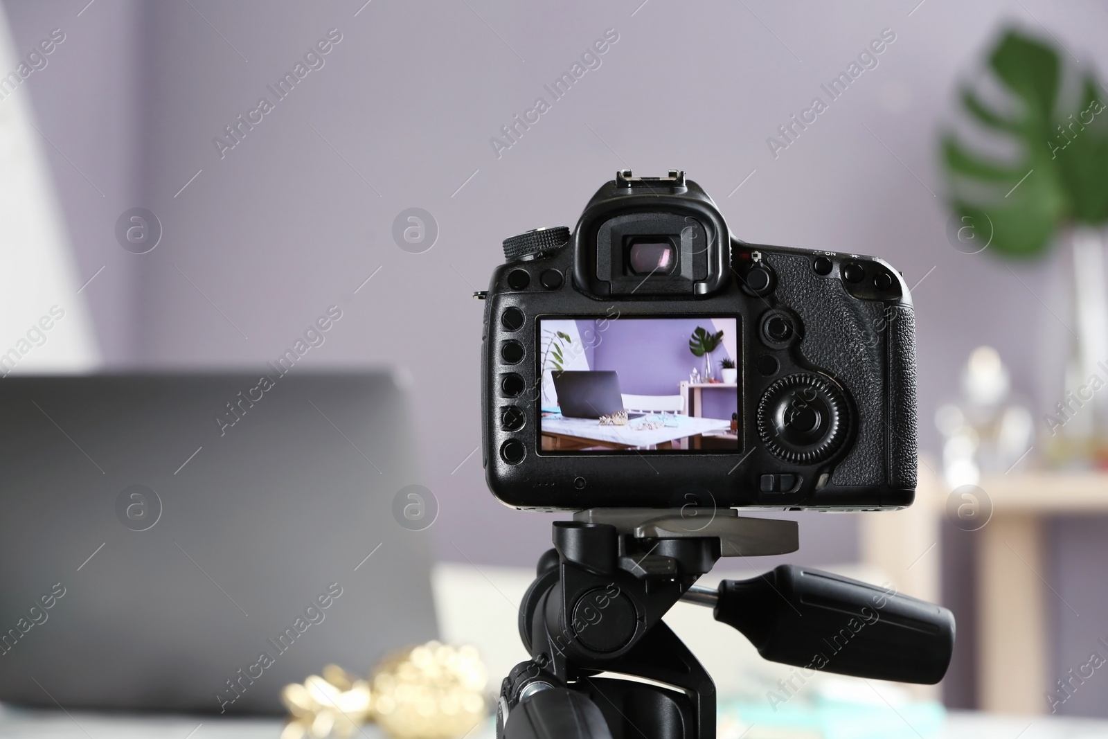 Photo of  blogger's workplace on camera screen, closeup with space for text