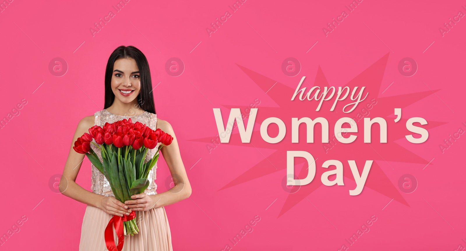 Image of Happy Women's Day, Charming lady holding bouquet of beautiful flowers on pink background