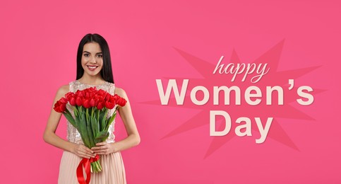 Image of Happy Women's Day, Charming lady holding bouquet of beautiful flowers on pink background