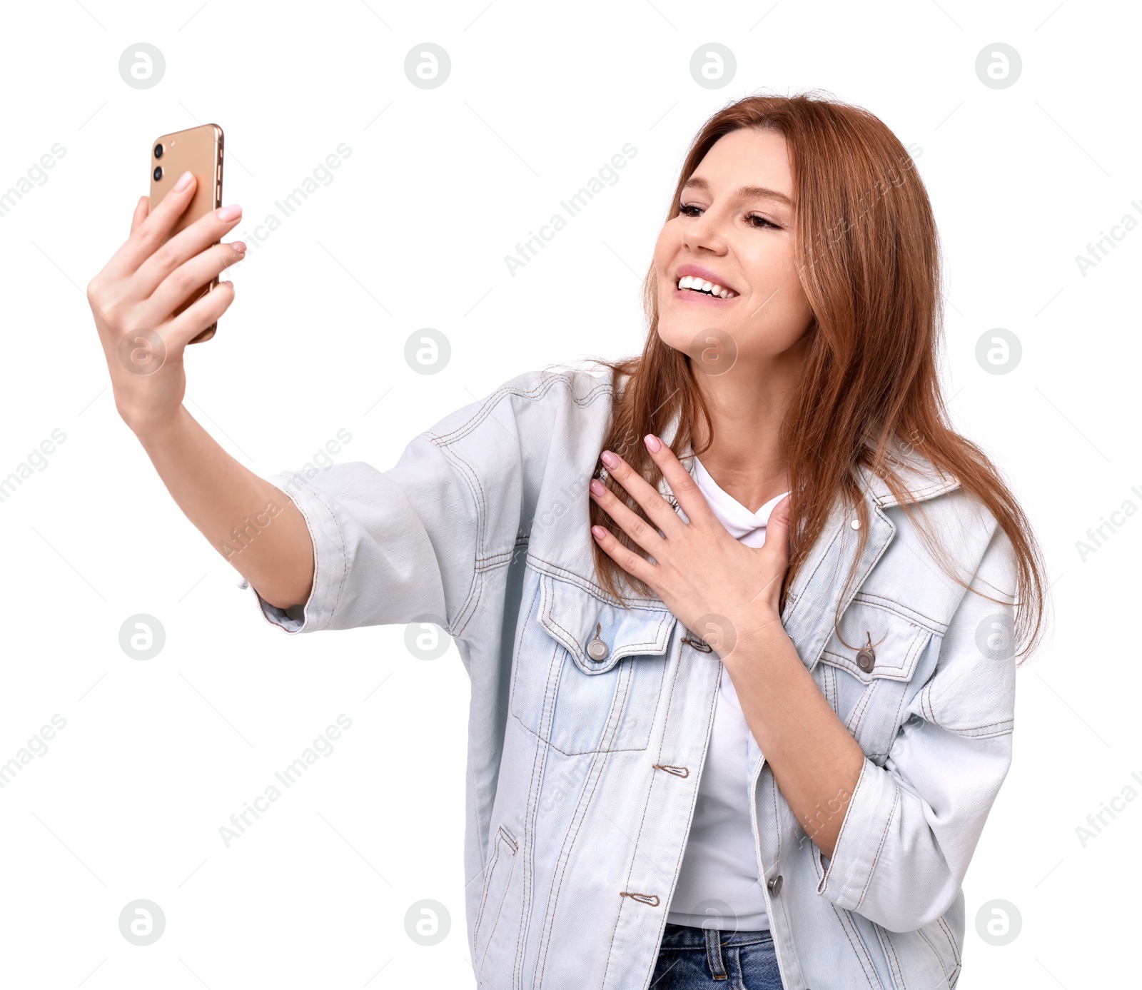 Photo of Beautiful woman taking selfie on white background