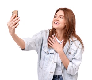 Photo of Beautiful woman taking selfie on white background