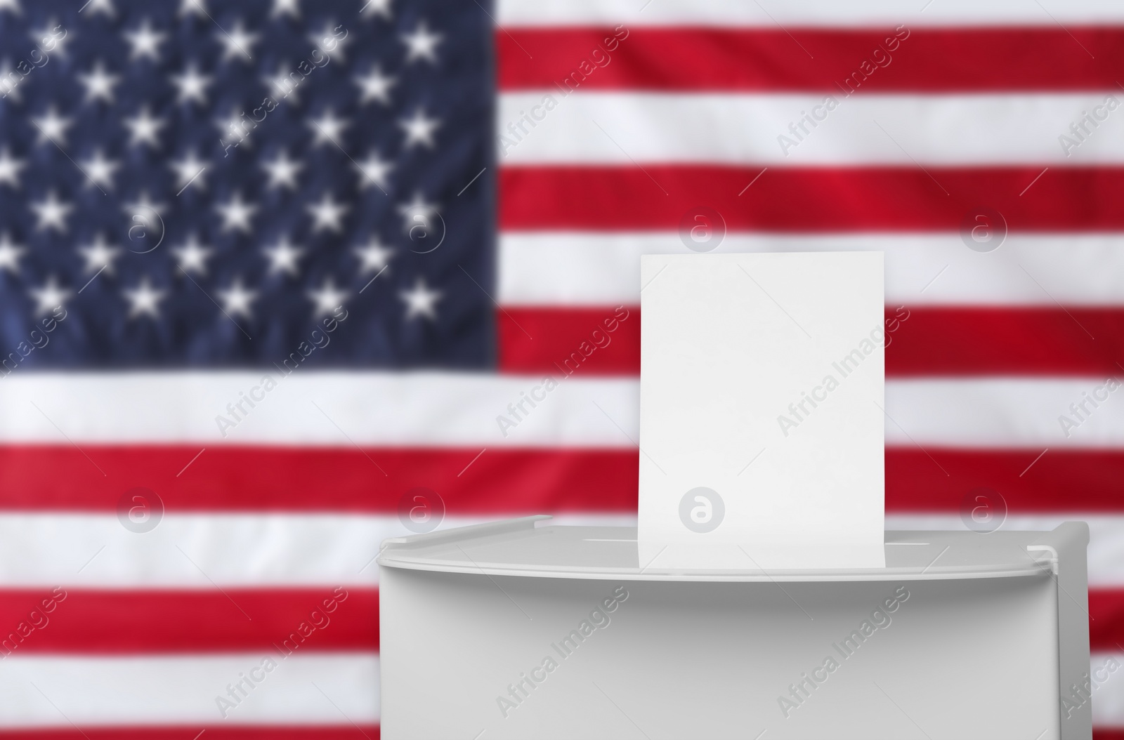 Image of Ballot box with vote against national flag of United States, space for text