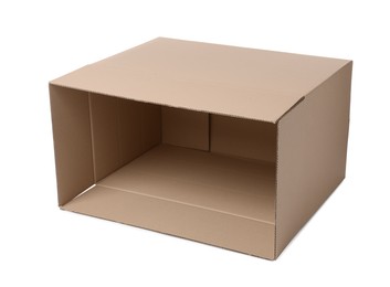 Photo of Open empty cardboard box isolated on white