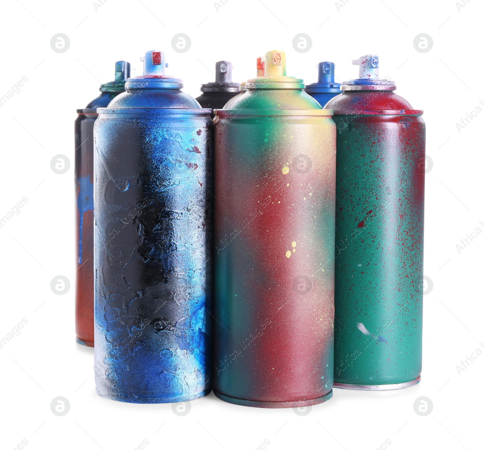 Photo of Many spray paint cans isolated on white