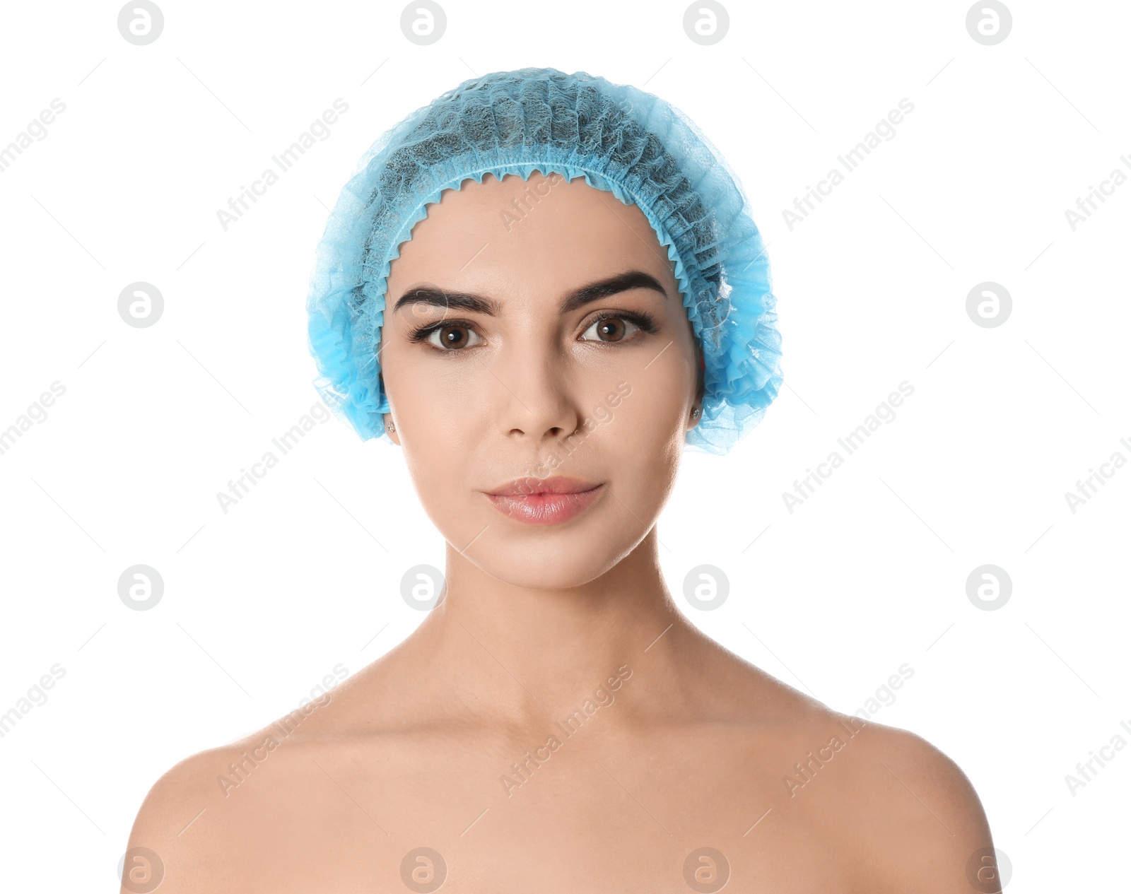 Photo of Young woman with beautiful face isolated on white. Plastic surgery concept