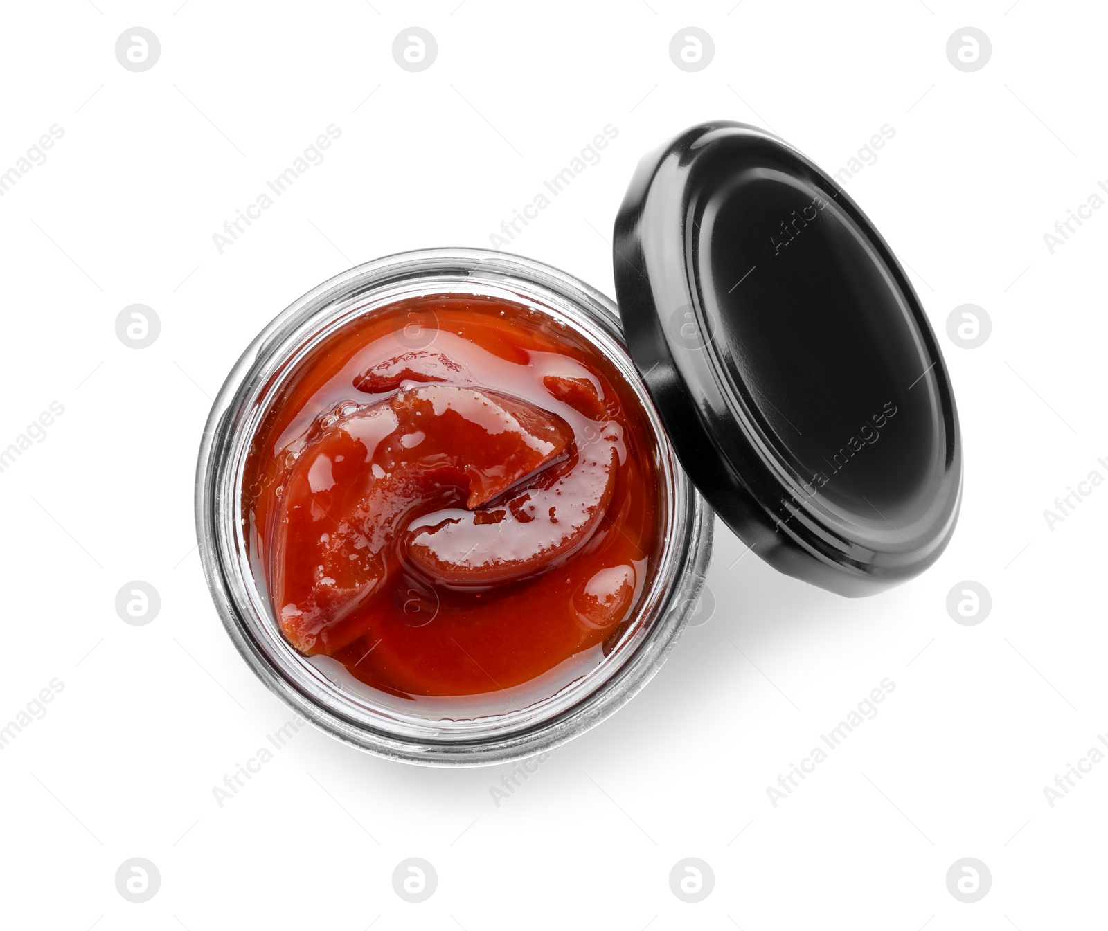 Photo of Tasty homemade quince jam in jar isolated on white, top view