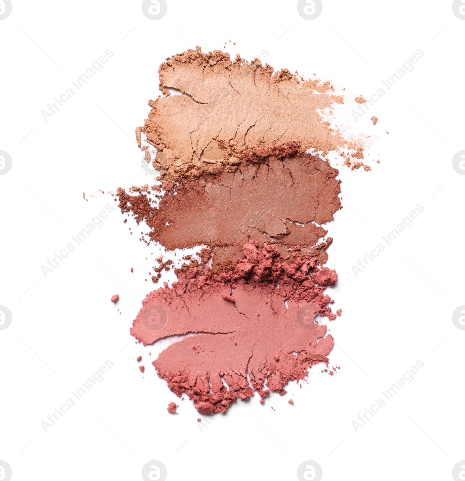 Photo of Crushed eye shadows on white background, top view. Professional makeup product