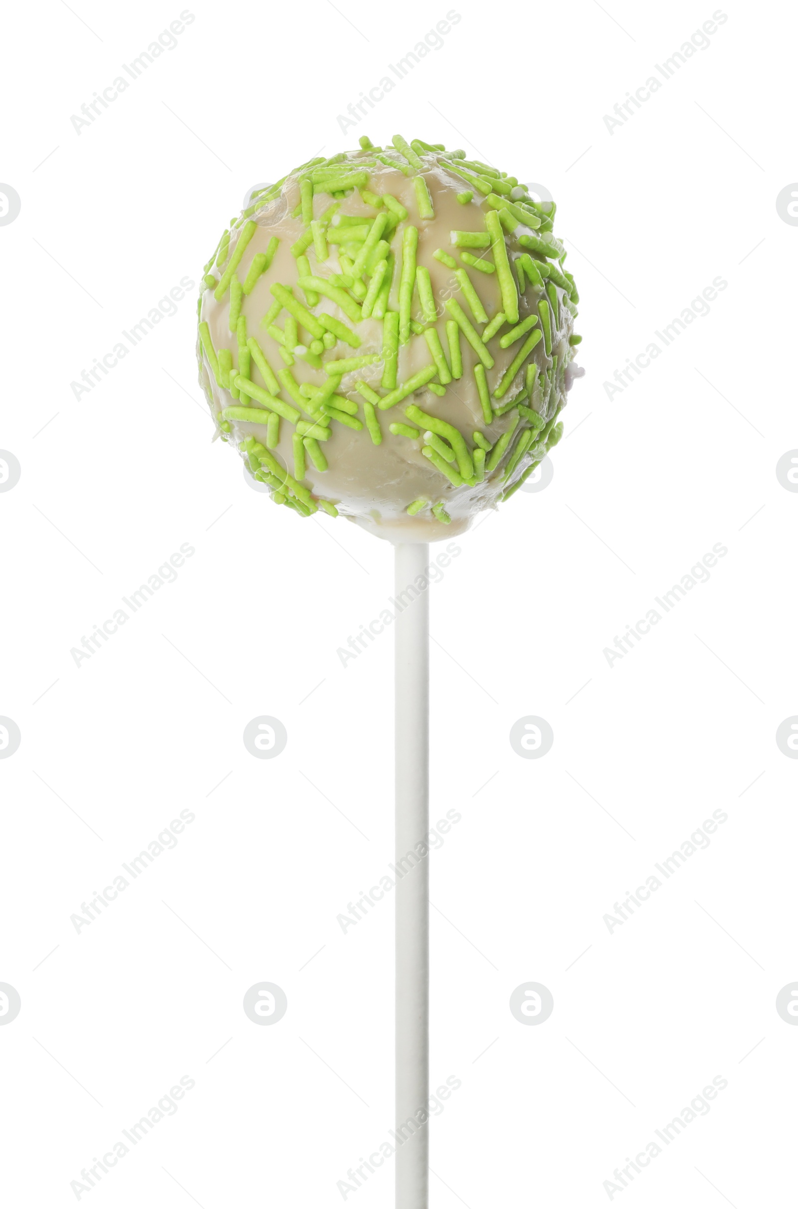 Photo of Tasty cake pop with green sprinkles isolated on white