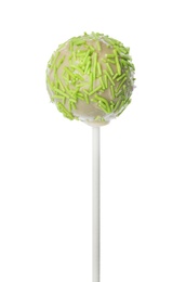 Photo of Tasty cake pop with green sprinkles isolated on white