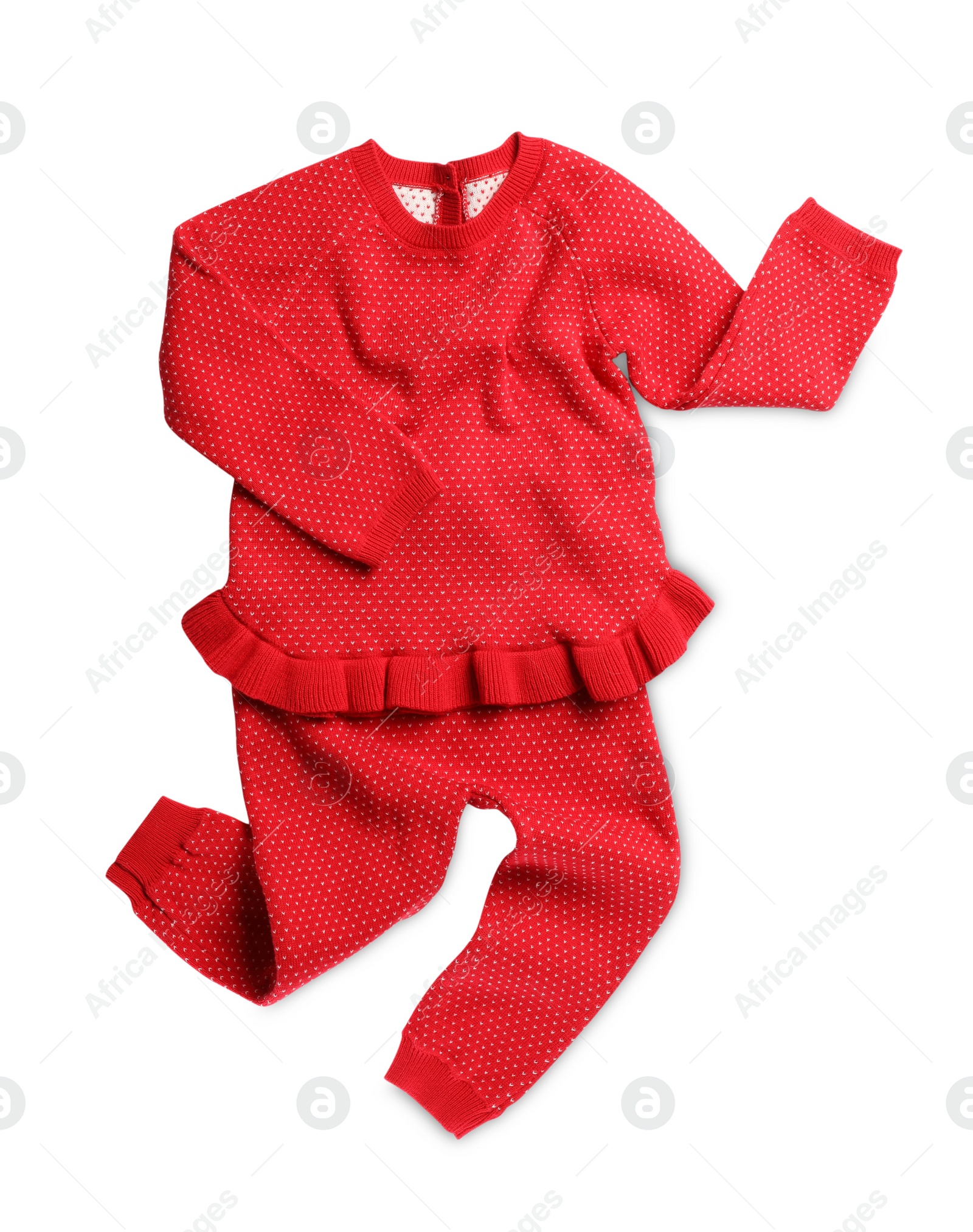 Photo of Stylish baby suit on white background, top view. Christmas clothes