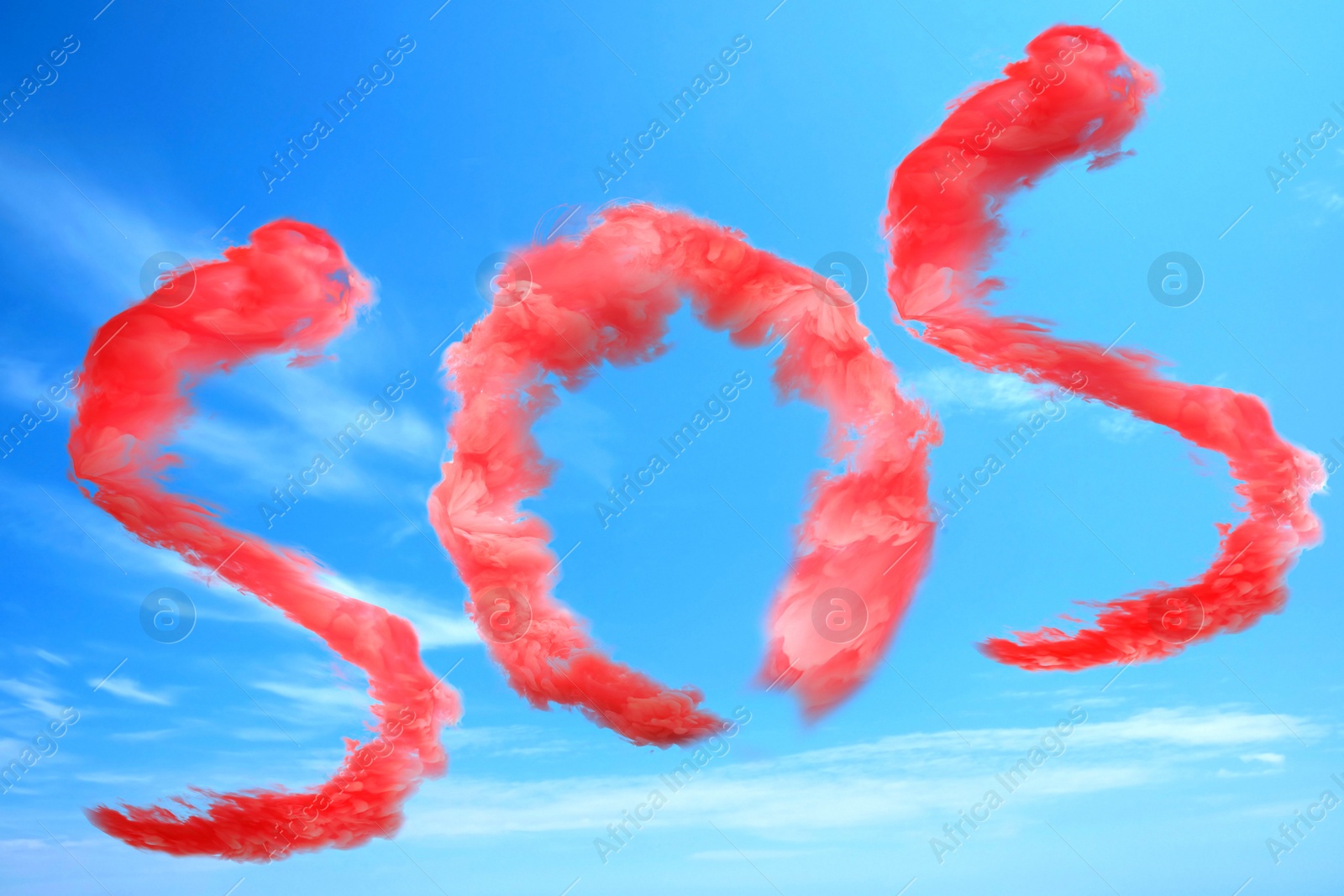 Image of Word SOS made of red smoke in blue sky