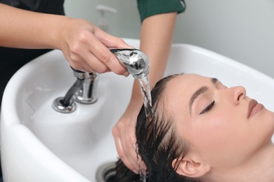 Professional hairdresser washing client's hair at sink indoors, closeup