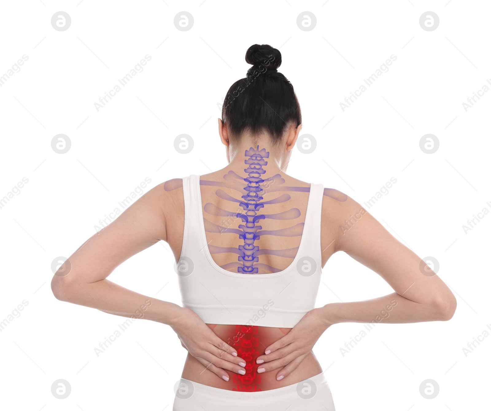 Image of Woman suffering from pain in back on white background