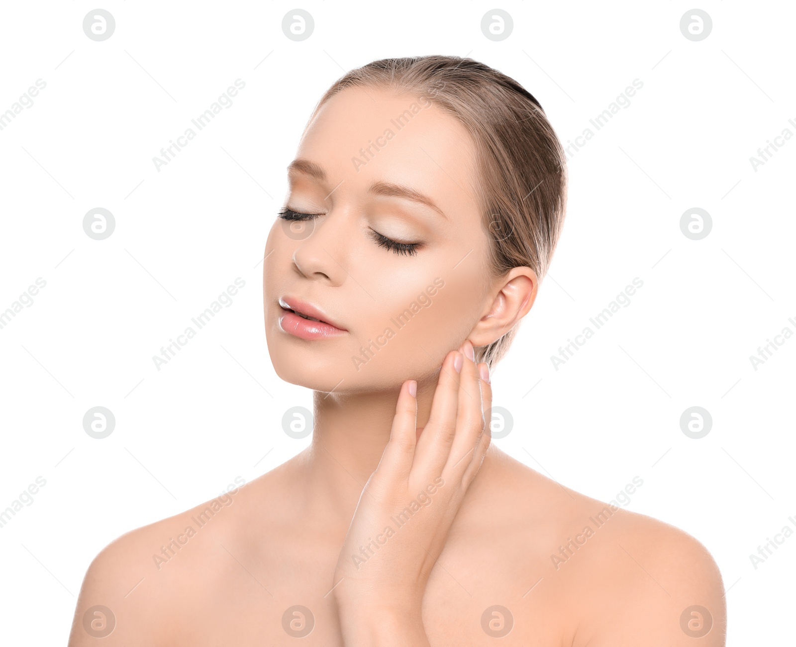 Photo of Portrait of young woman with beautiful face on white background