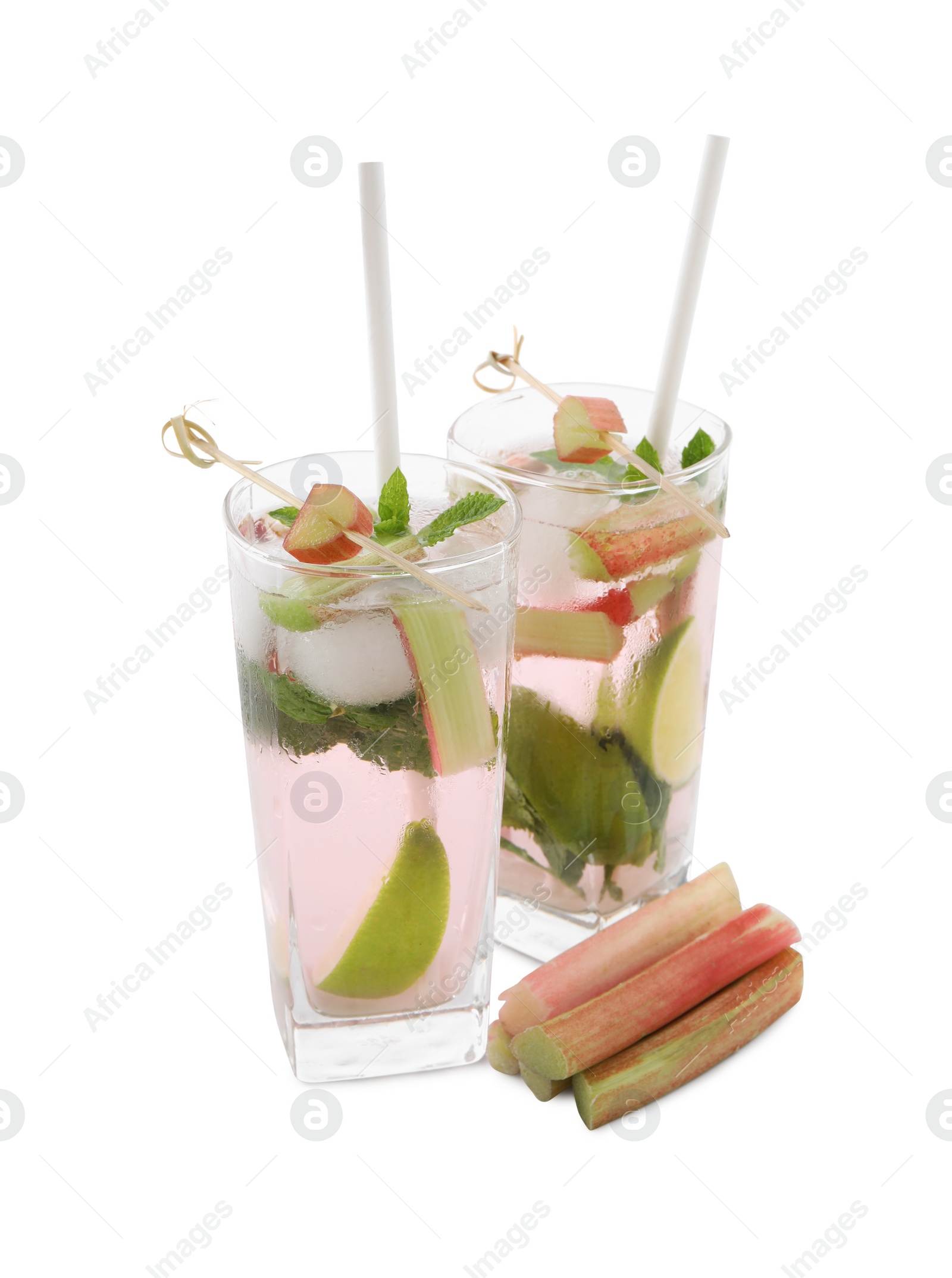 Photo of Tasty rhubarb cocktail with lime isolated on white