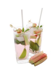 Tasty rhubarb cocktail with lime isolated on white