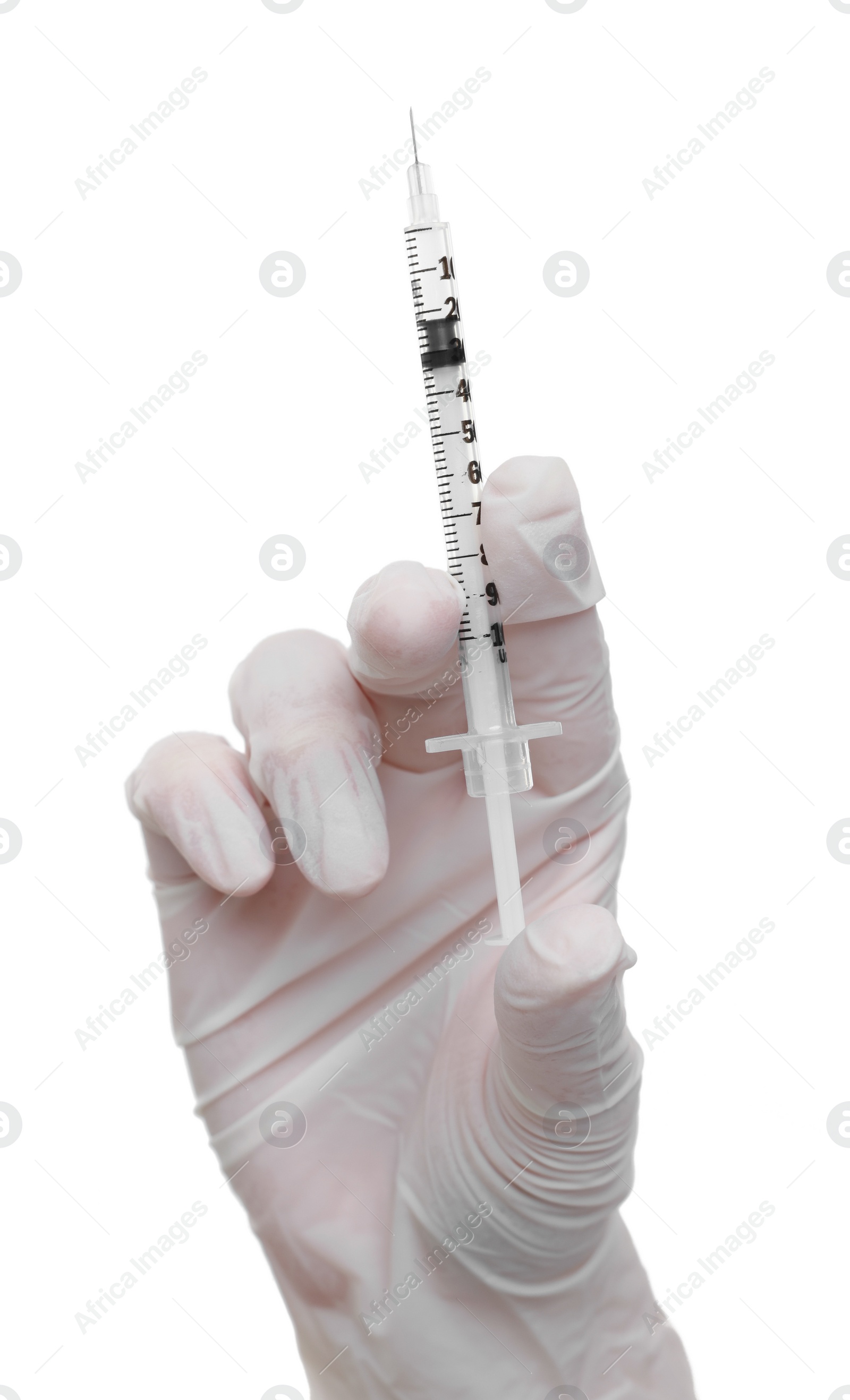 Photo of Doctor holding medical syringe on white background, closeup