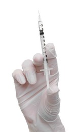 Doctor holding medical syringe on white background, closeup