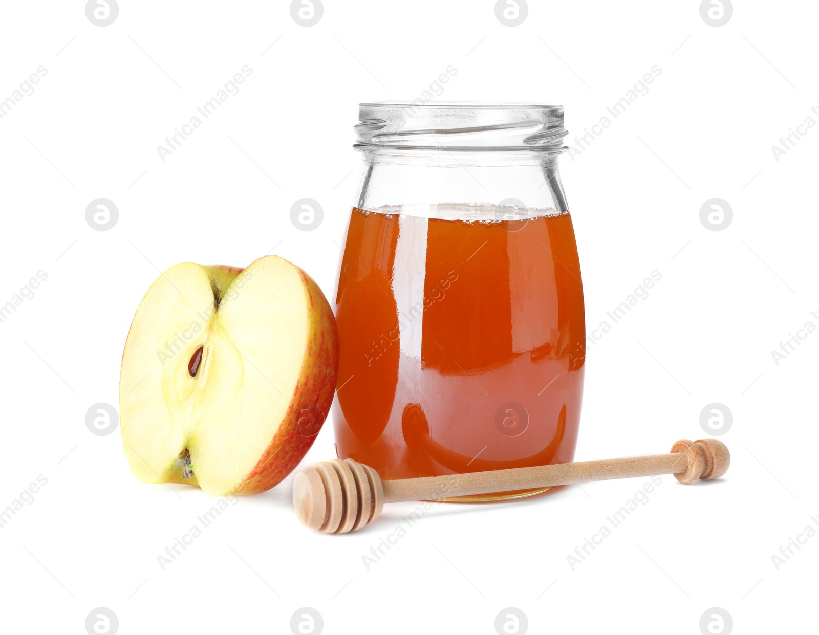 Photo of Glass jar with sweet honey and apple on white background