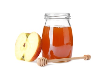 Photo of Glass jar with sweet honey and apple on white background