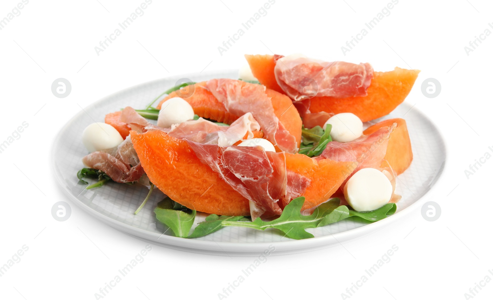 Photo of Fresh melon with prosciutto, mozzarella and arugula on white background