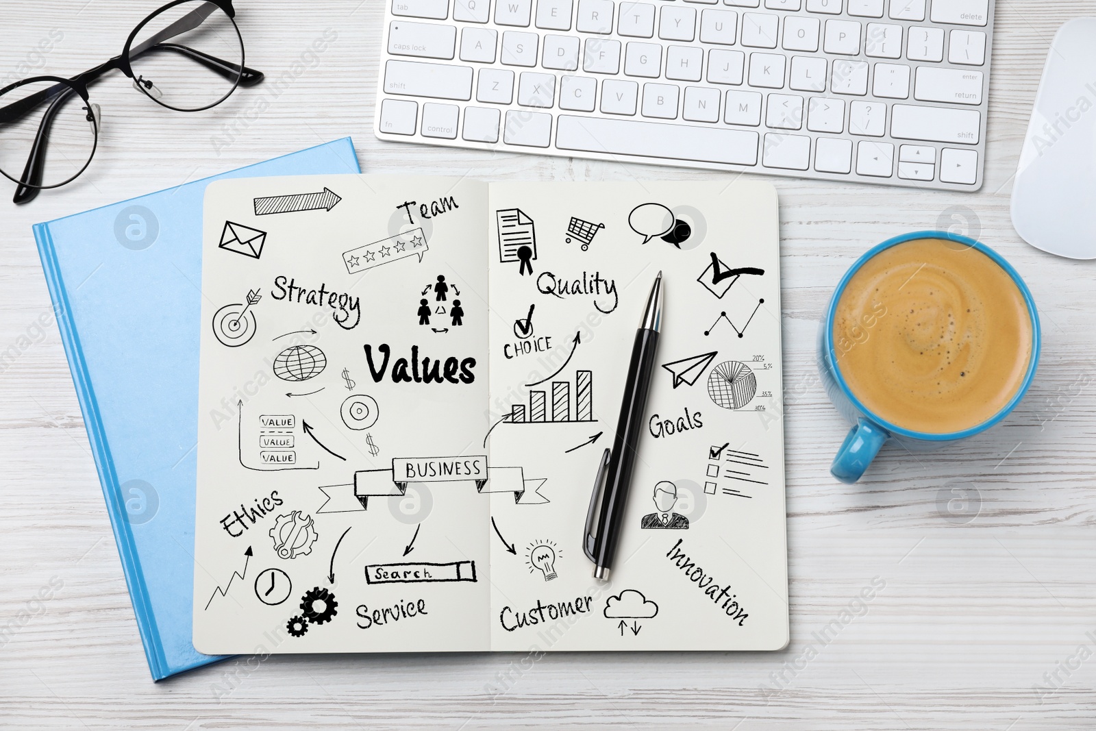 Image of Concept of core values. Notebook with different images on white wooden table, flat lay