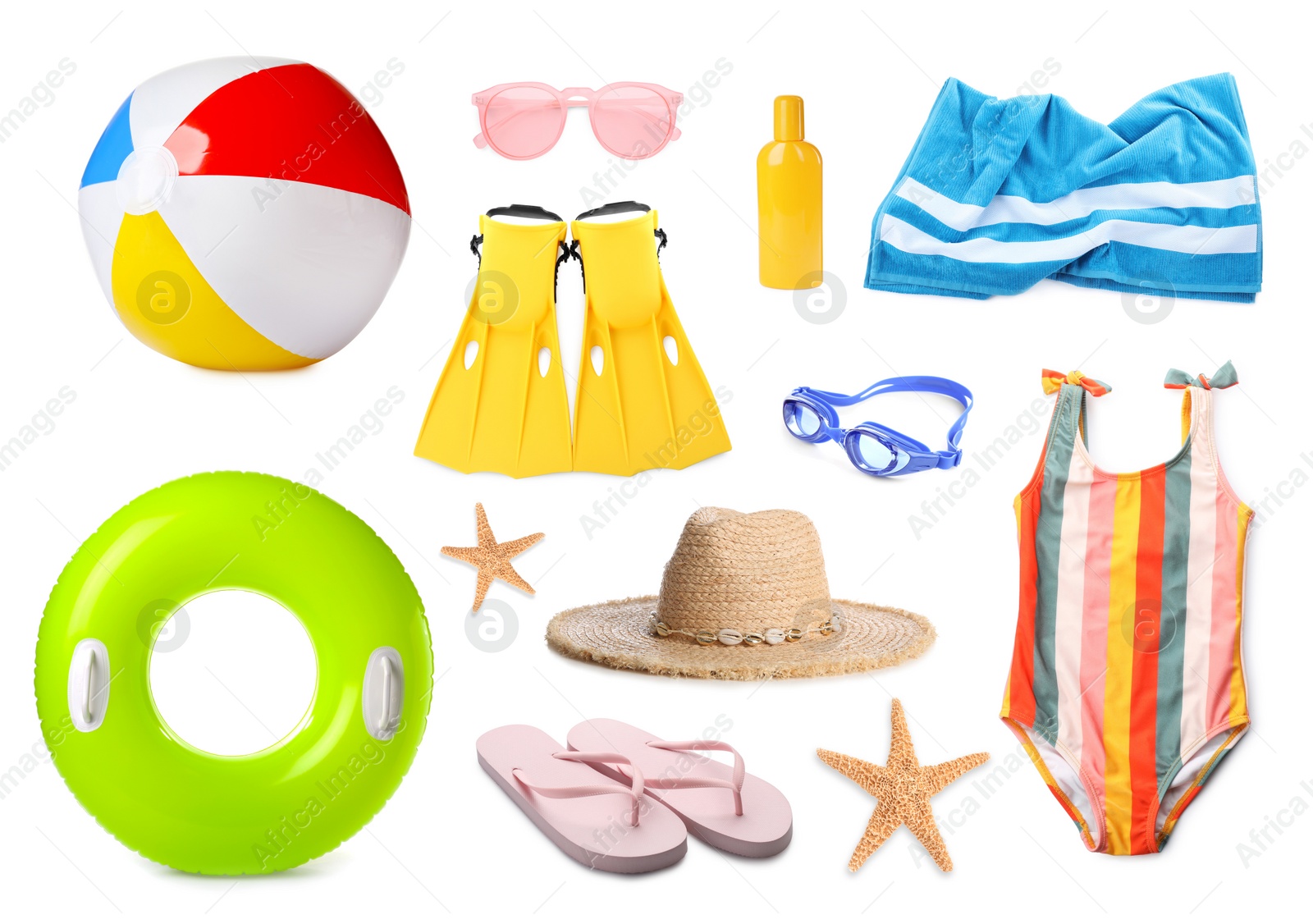 Image of Set with different beach accessories on white background 