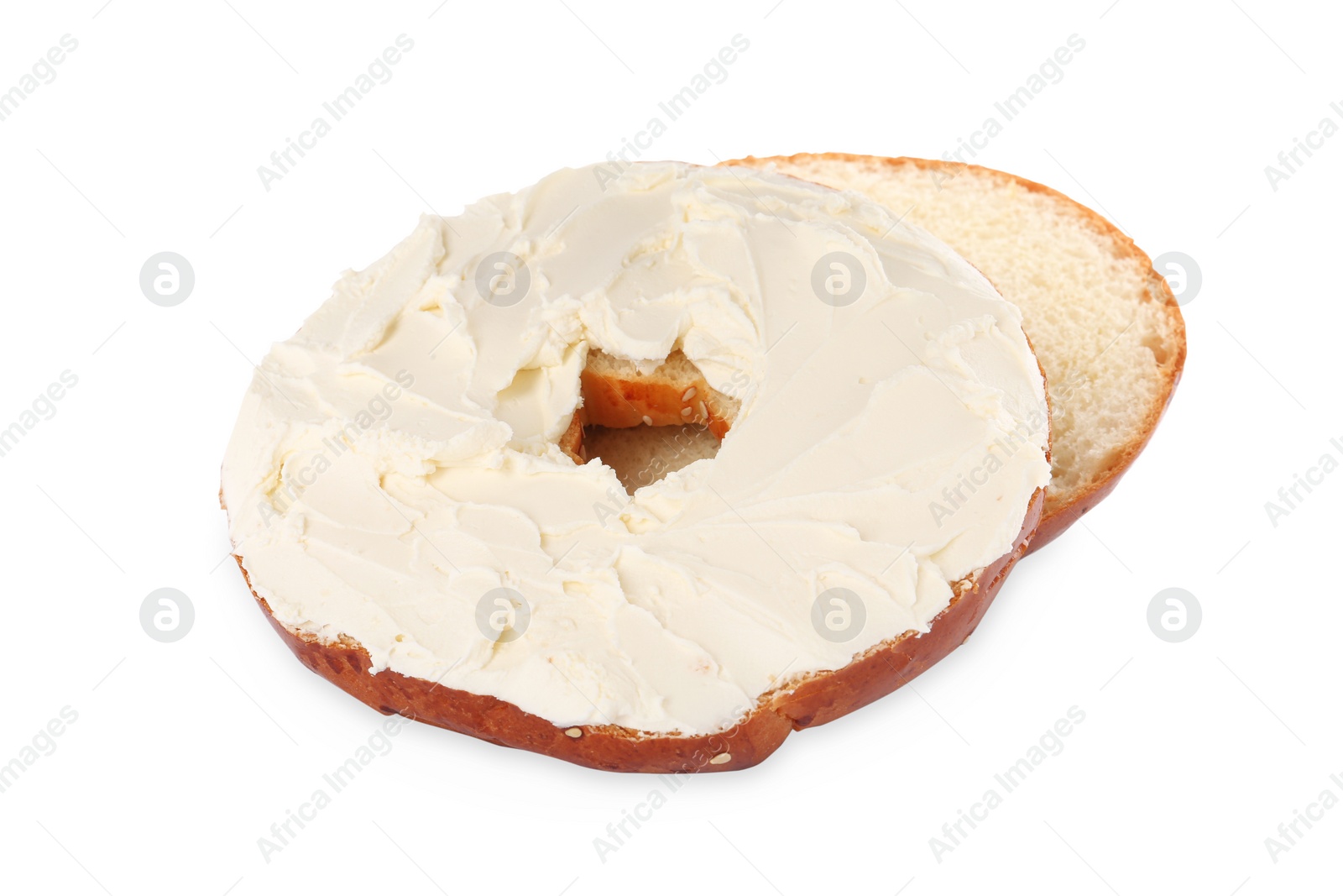 Photo of Delicious fresh bagel with cream cheese on white background