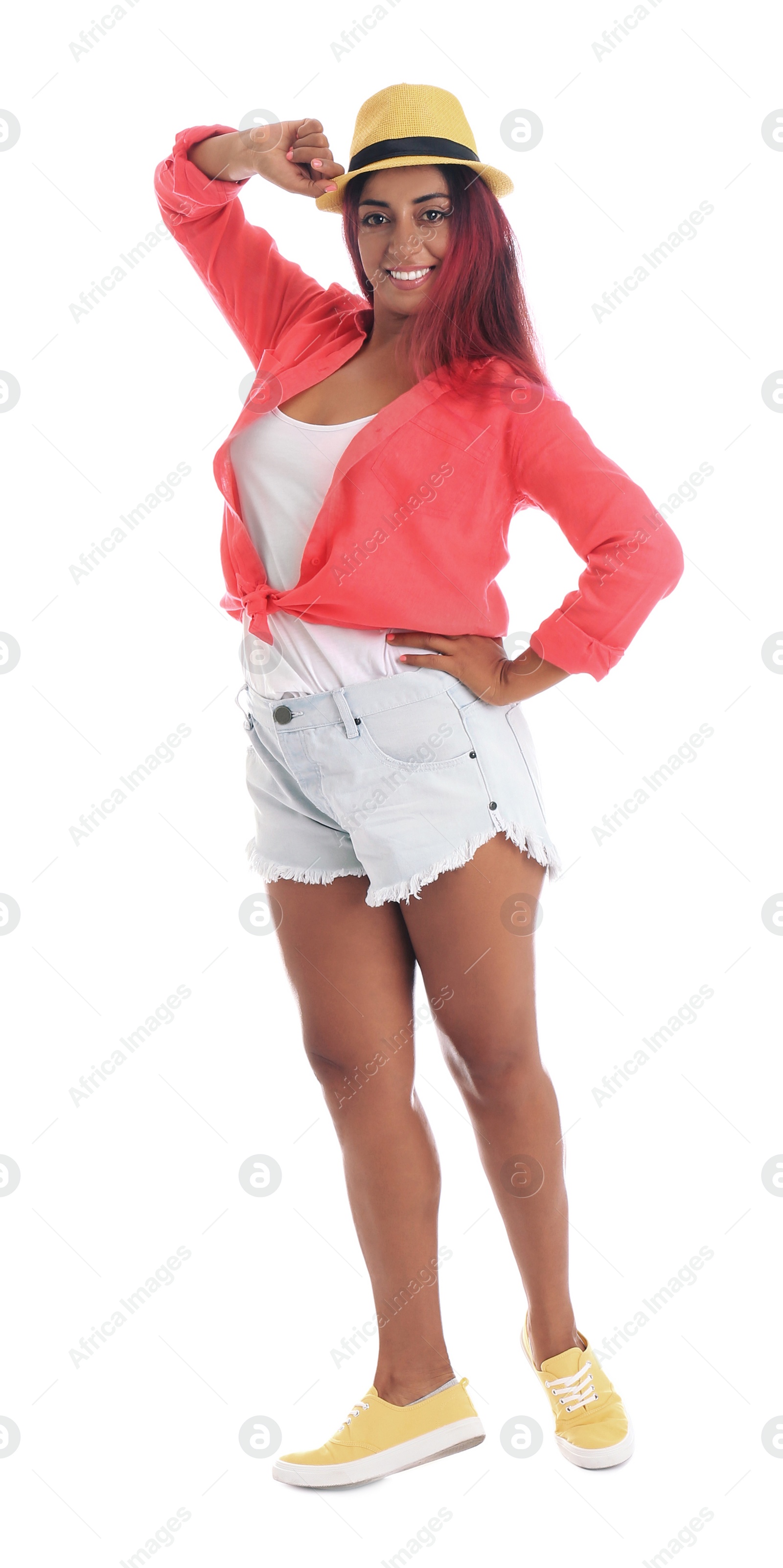 Photo of Beautiful Hispanic woman dancing on white background