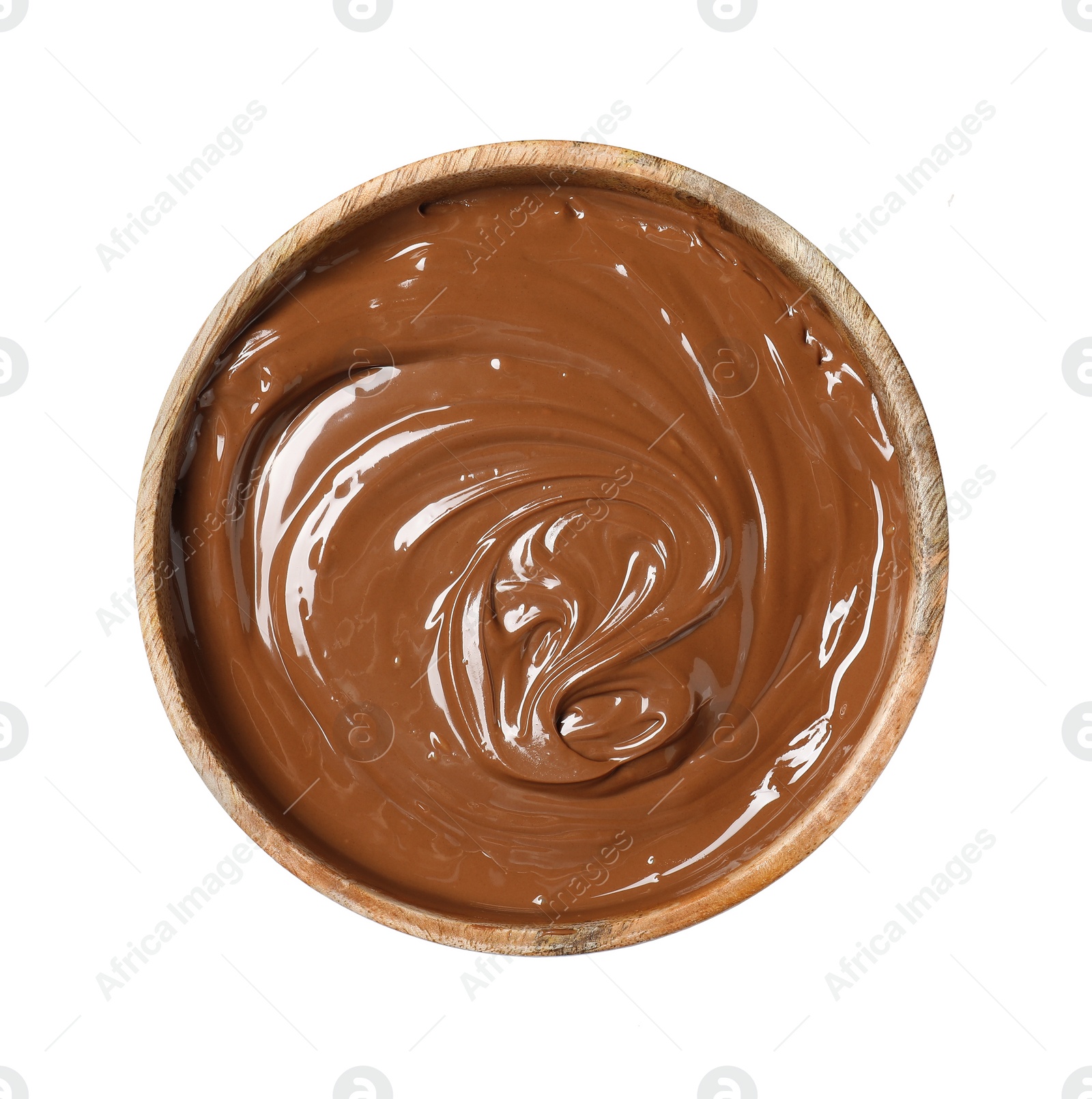 Photo of Tasty melted milk chocolate in bowl isolated on white, top view