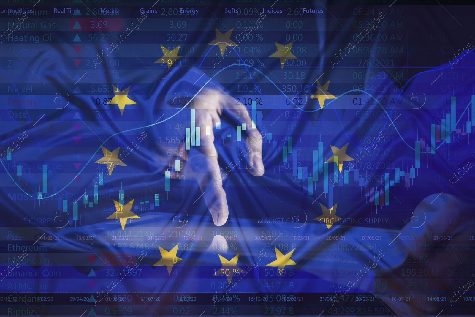 Image of Stock exchange. Multiple exposure with European flag, data, graph and man using tablet