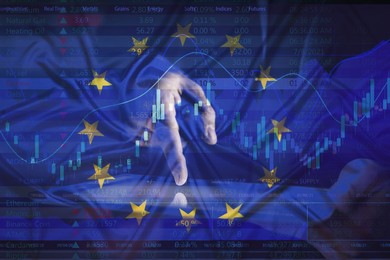 Image of Stock exchange. Multiple exposure with European flag, data, graph and man using tablet
