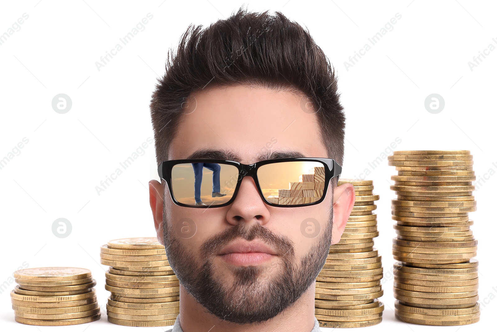 Image of Steps to success. Confident man against stacked coins on white background. Businessman climbing up stairs of wooden blocks, reflection in sunglasses