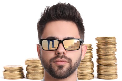 Steps to success. Confident man against stacked coins on white background. Businessman climbing up stairs of wooden blocks, reflection in sunglasses
