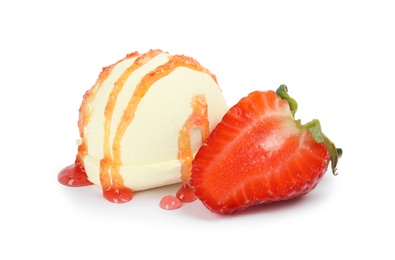 Photo of Ball of delicious vanilla ice cream with strawberry and sauce on white background