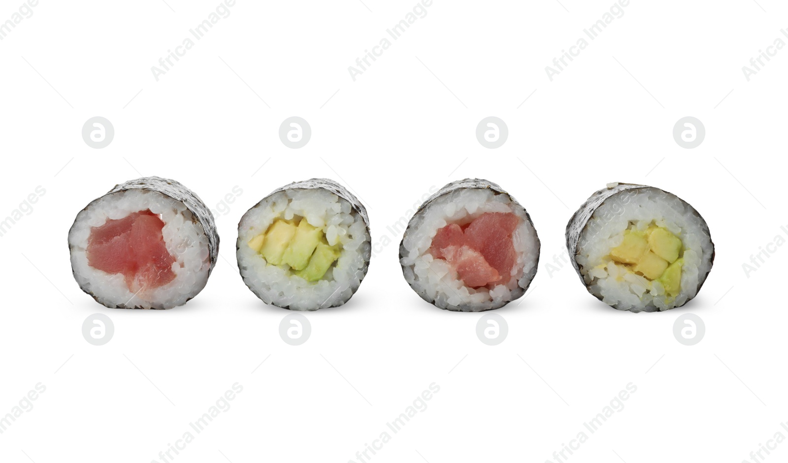 Photo of Different delicious sushi rolls on white background