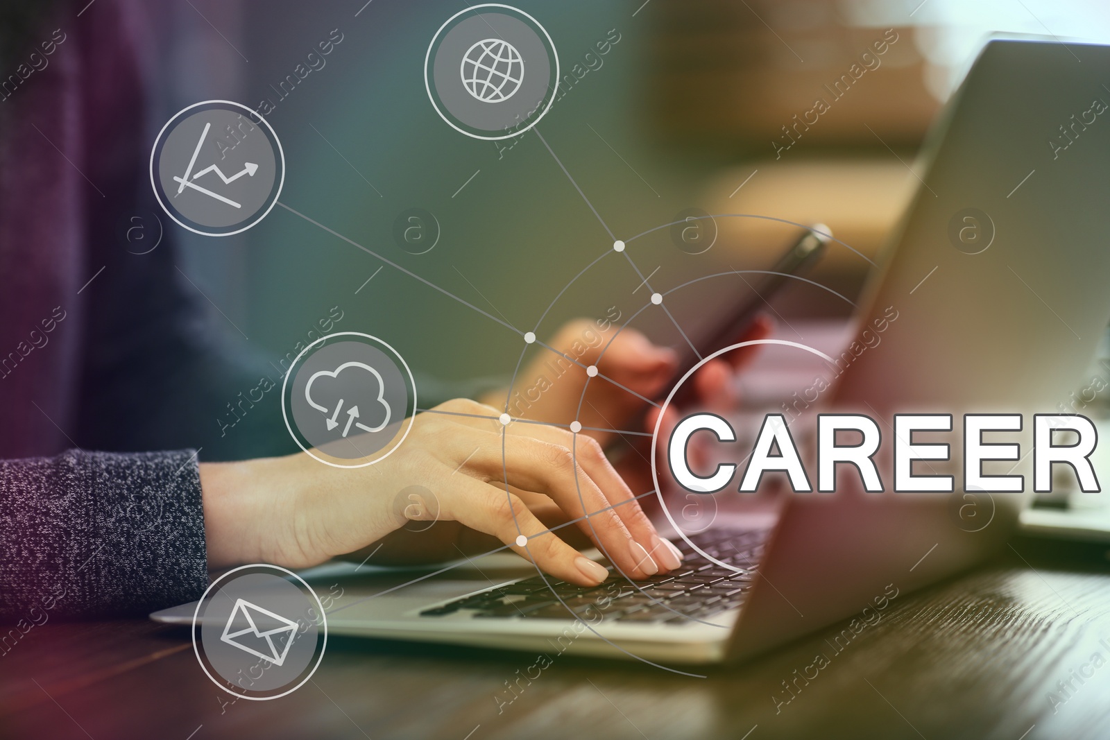 Image of Career opportunities. Woman working with laptop at table, closeup