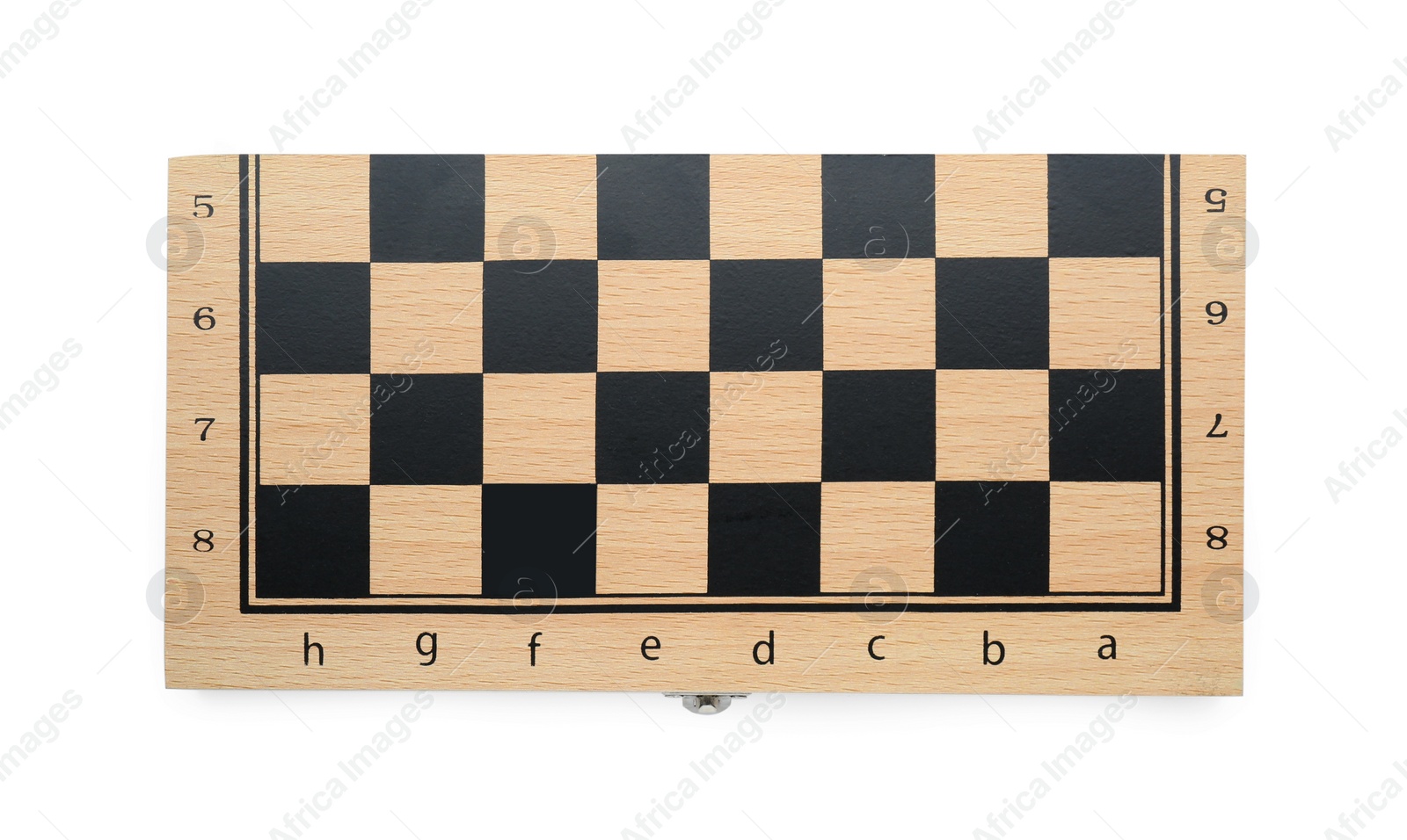 Photo of Wooden checkerboard isolated on white, top view