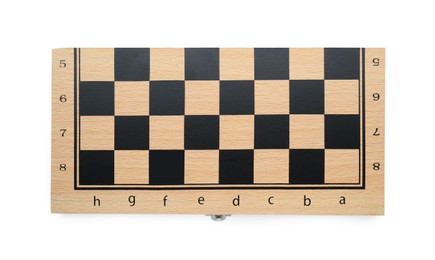 Photo of Wooden checkerboard isolated on white, top view