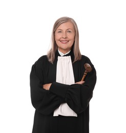 Photo of Smiling senior judge with gavel on white background