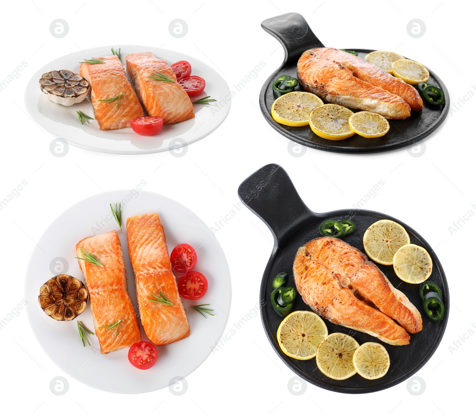 Image of Set of delicious roasted fish on white background