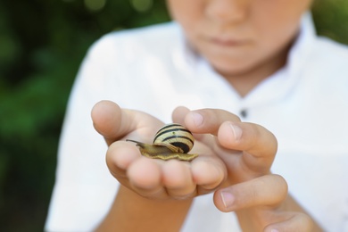 Photo of Boy playing with cute snail outdoors, closeup. Child spending time in nature