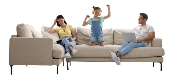 Photo of Happy family resting on comfortable sofa against white background